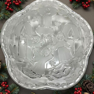Vintage Christmas Angels Clear Glass Dish Embossed Candles Star Shaped 8.5"